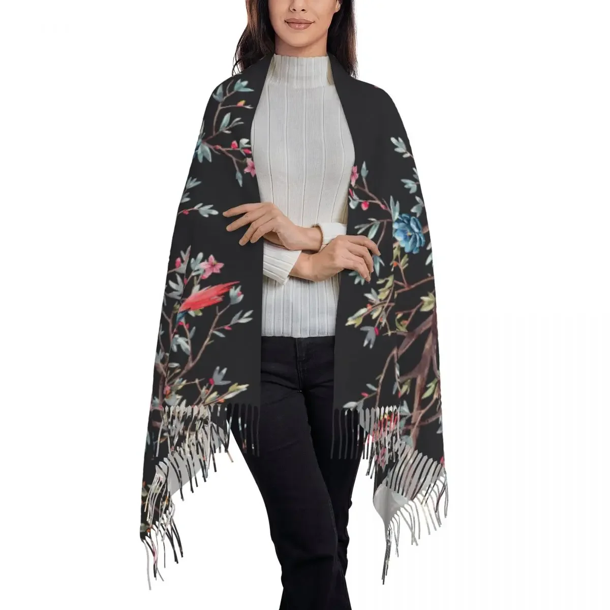 Personalized Printed Watercolor Spring Flowering Tree With Birds Long Pile Fringe Men Scarf Women'S Anti Chill Scarf