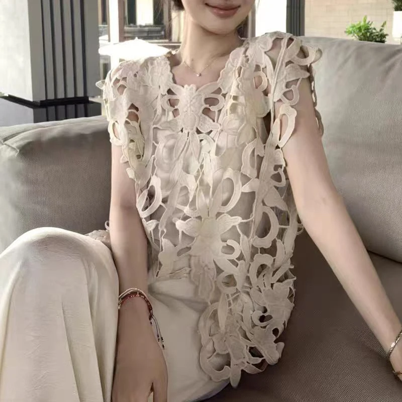 

Лето 2026, вязаный жилет без рукавов, топы, корейская модная женская блузка, ретро, нерегулярная рубашка с цветочным принтом и крючками