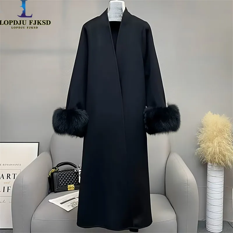 

French Woollen Coat for Women,Faux Fox Fur Cuffs, Adjustable Waist, Elegant Female Jacket, High Quality, Autumn Winter,2025