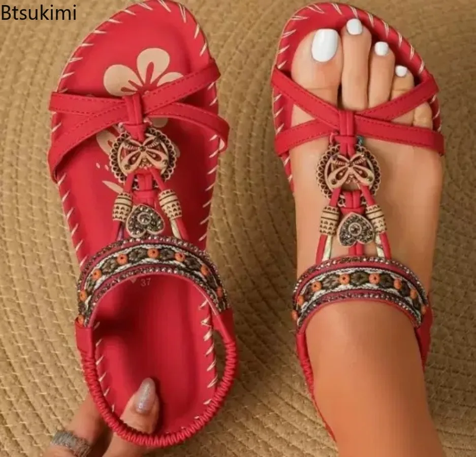 Women Bohemian Sandals Outdoor Beach Dress Casual Shoes Flat Ethnic Shoes for Ladies Comfortable Soft Bottom Shoes Sandale Femme