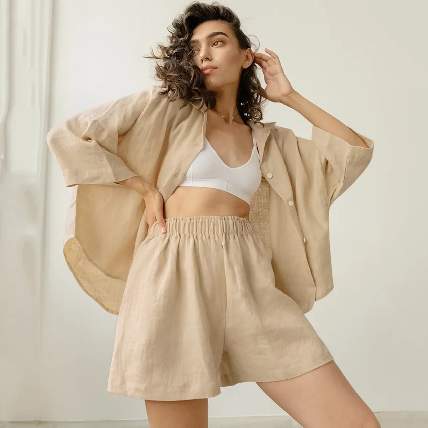 

Shirt Shorts Suit Pajamas Set Long Sleeve Sleepwear Lapel Nightwear Sleep Suit Solid Color Homewear Cotton Comfort 2Pcs Lounge