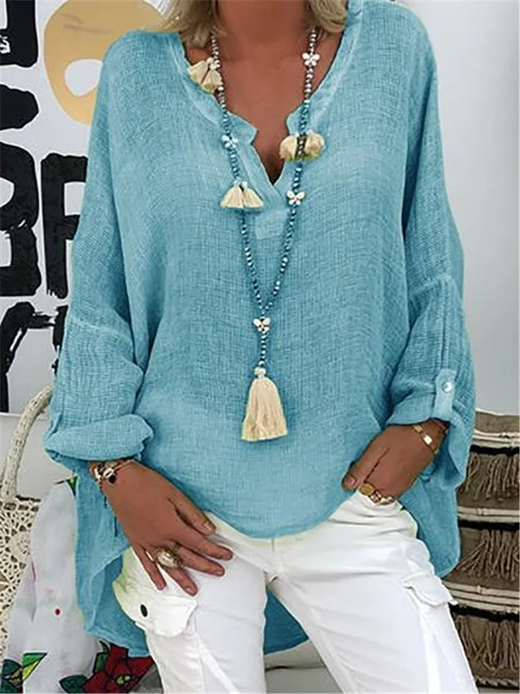 Plus Size Women\'s Summer New V Neck Solid Top Casual Women Linen Shirt Round Neck T-shirt Short Sleeve Tops Loose Blouse