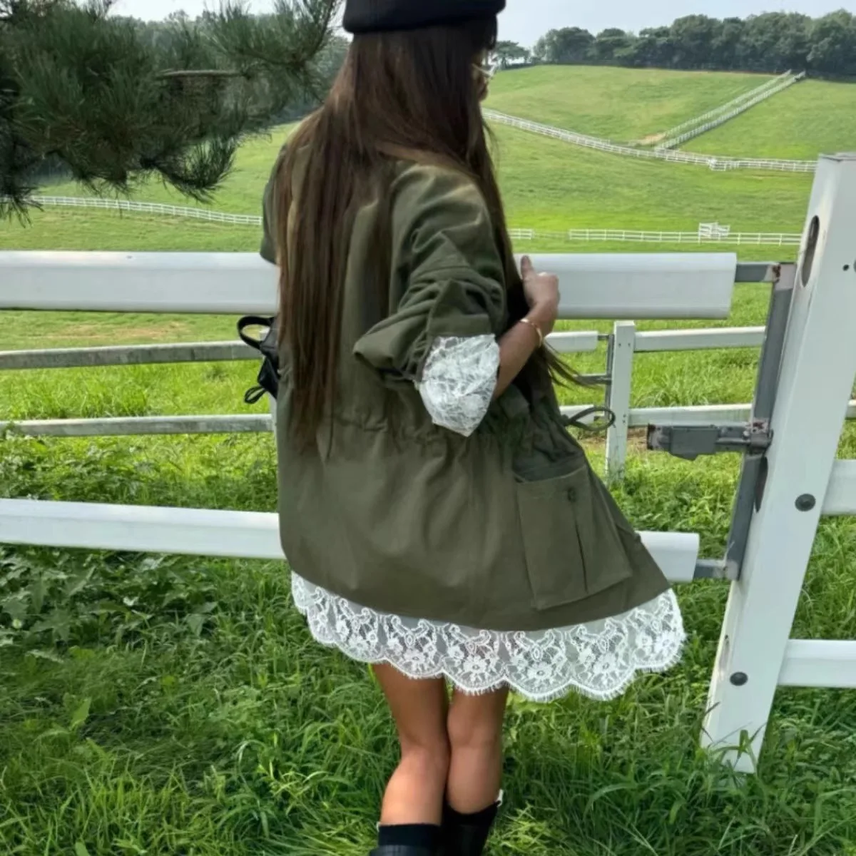 

Пальто een, женское кружевное пальто с дизайном, свободный топ с двойным шнурком, универсальная повседневная верхняя одежда средней длины