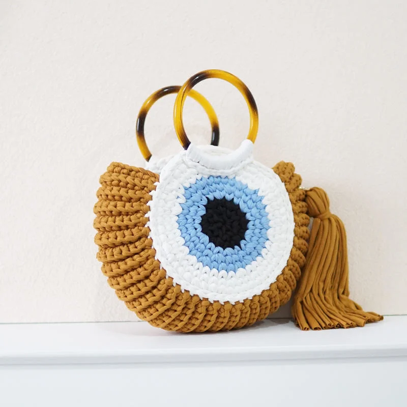 Evils Eye Crossbody Bag Large Capacity Woven Ba Big Blue Eye Monster Handbag Leisure Beach Bag Handbag Handmade Crochet Tote Bag