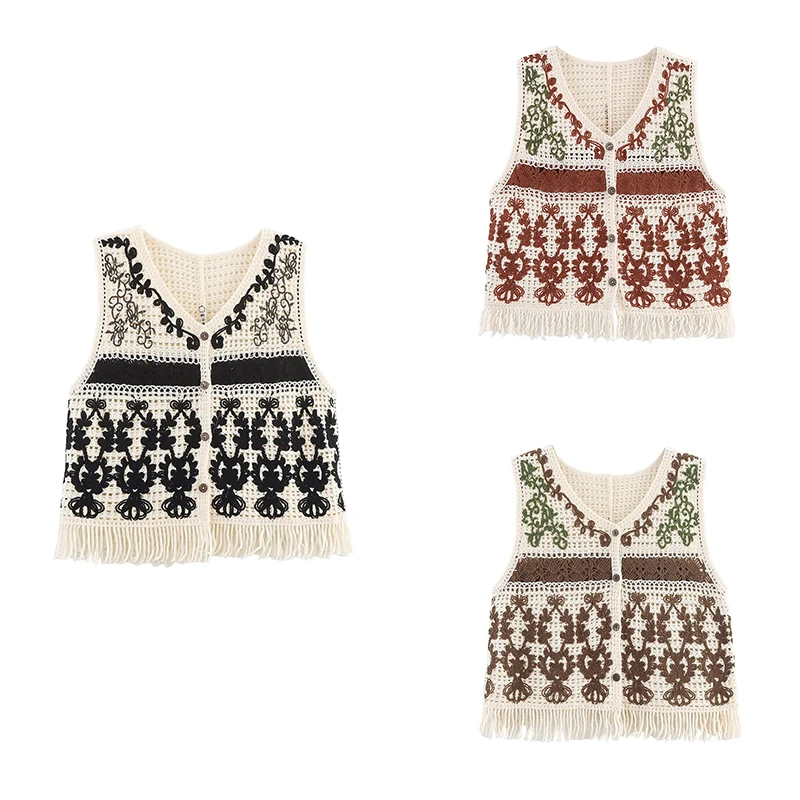 

ort Hollow out V-Ne Tassel Trim Sweater Vest Women's Street Sle Summer New Arrival Z Polyester Fiber 00%