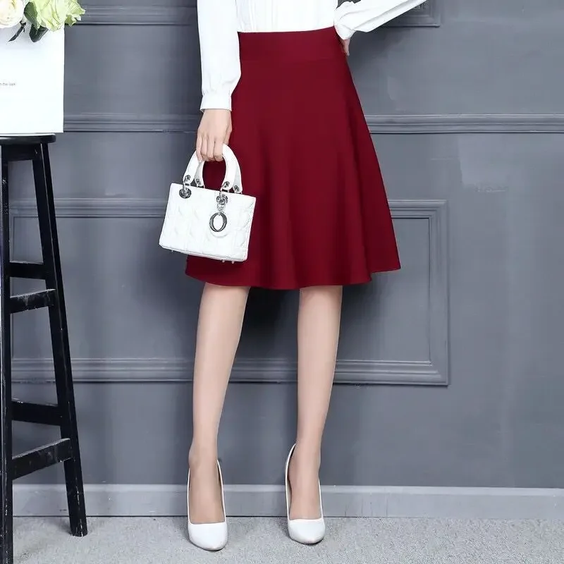 Skirts Women Popular M-3XL Pleated Solid Pocket Elastic Waist Middle Skirt Trendy All-match Office Lady Skin-friendly Elegant