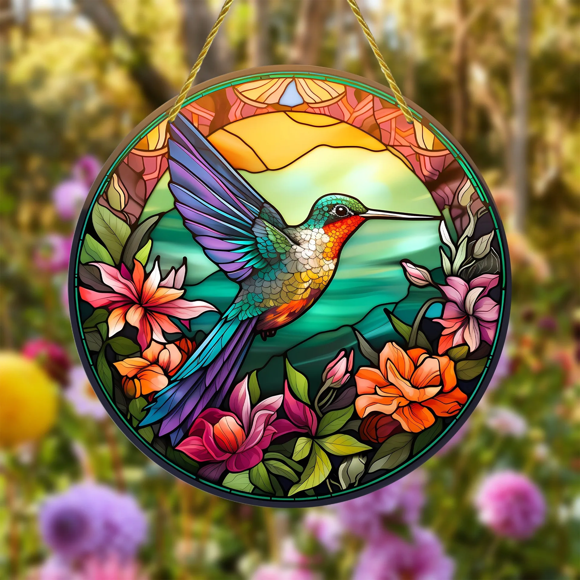 Acrylic Painted Hummingbird Pendant Bird Floral Pattern Suncatcher Round Wreath Porch Window Outdoor Patio Hanging Ornaments