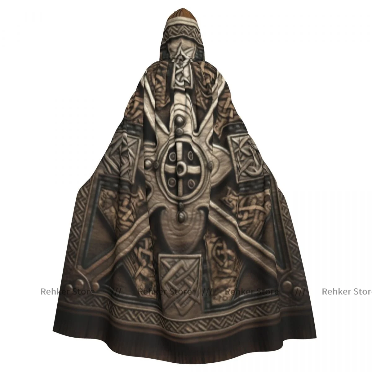 Adult Halloween Iron Ornament Celtic Knots Ornament On Wood And Metal Cloak Cape Hooded Medieval Costume Full Length Dress Coat