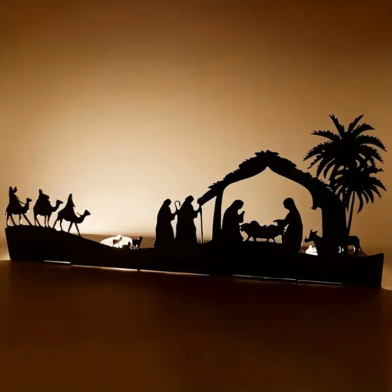 1pc Elegant Cast Iron Nativity Scene Candle Holder with Mary, Figures - Sturdy Tabletop Christmas Decoration for Home, Church