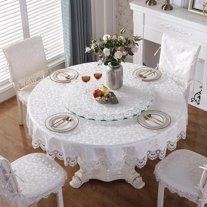 Table Cloth Round Table Cover Cream Satin Dining Table Cloths Turntable Folding Embroidery Lace Flower Home Towel Chair Cover