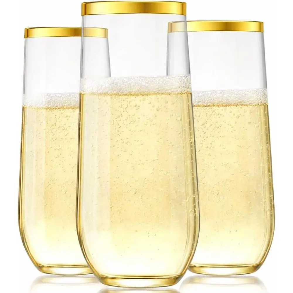 

48-Pack Gold Rimmed Stemless 9 Oz Clear Disposable Toasting Glasses - Bulk BPA-Free Recyclable Shatterproof Event Supplies for W
