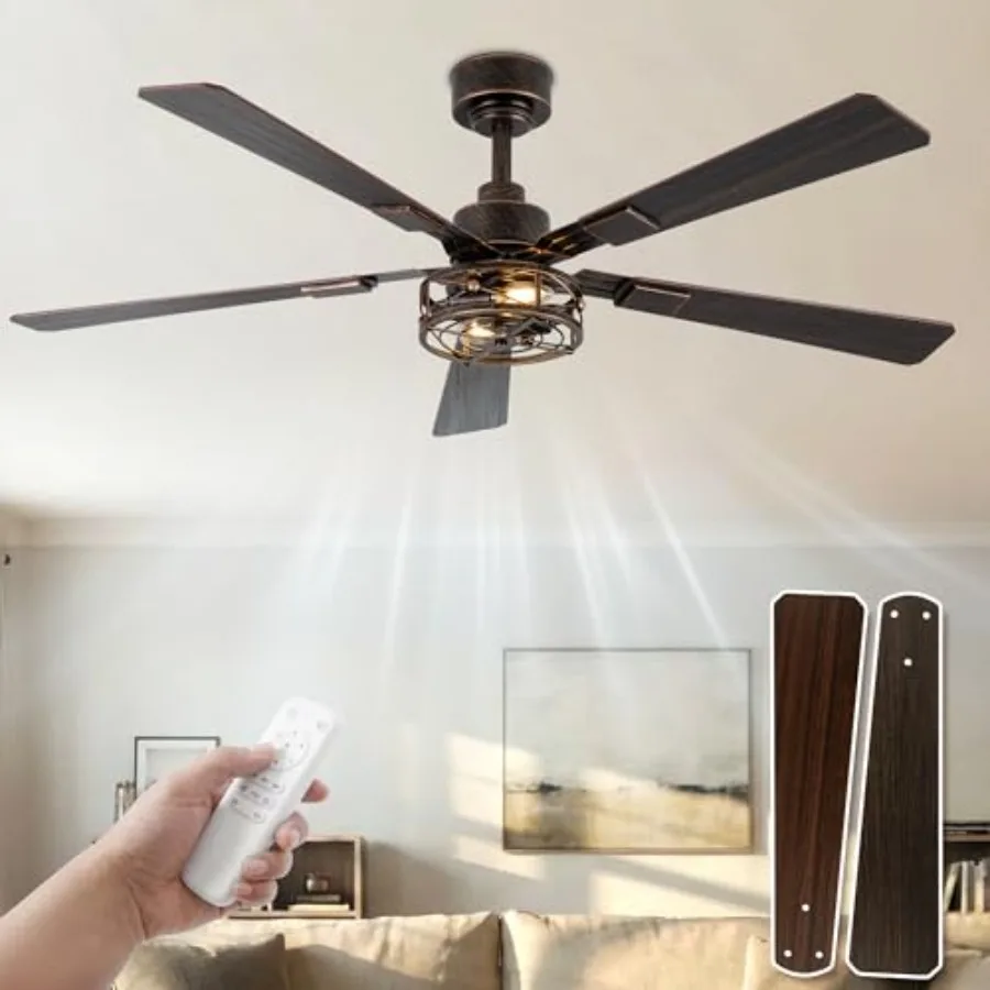 

52 Inch Farmhouse Ceiling Fans with Lights, Caged Ceiling Fan with Remote Control, Quiet and Reversible DC Motor, 6-Speed 5 Bla