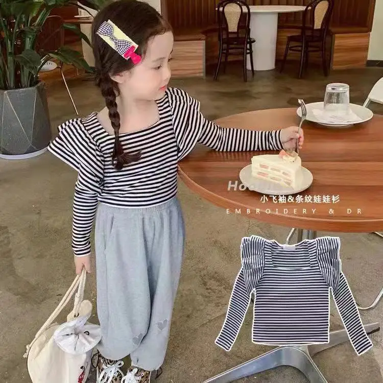 Girls late autumn new long-sleeved childrenT-shirt black and white striped top girls fashion versatile bottoming shirt