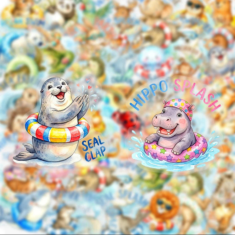50 Animal Swimming Watercolor Graffiti Stickers, Suitable for Diaries, Laptops, Car Bumpers, Skateboards, Water Bottles, Computers, Phone Decorations, Etc