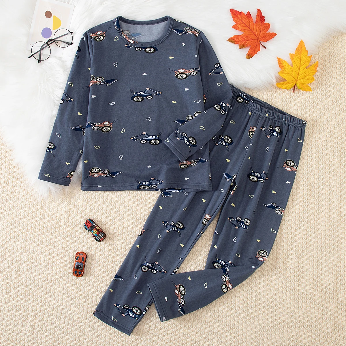 Children'S Warm Suit Boys' Round Neck Pajamas With Cartoon Print Fashionable And Comfortable Sweat Absorbing Casual Daily Wear