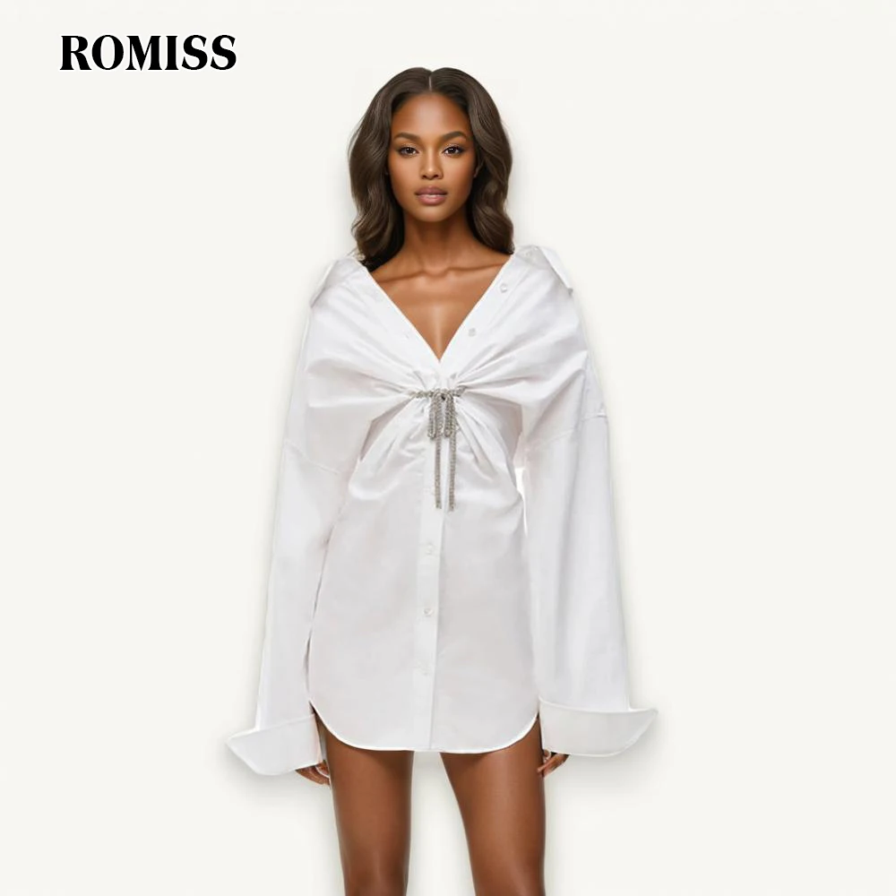 ROMISS Casual Minimalist Mini Dresses For Women Lapel Long Sleeve Single Breasted Patchwork Diamonds Temperament Dress Female