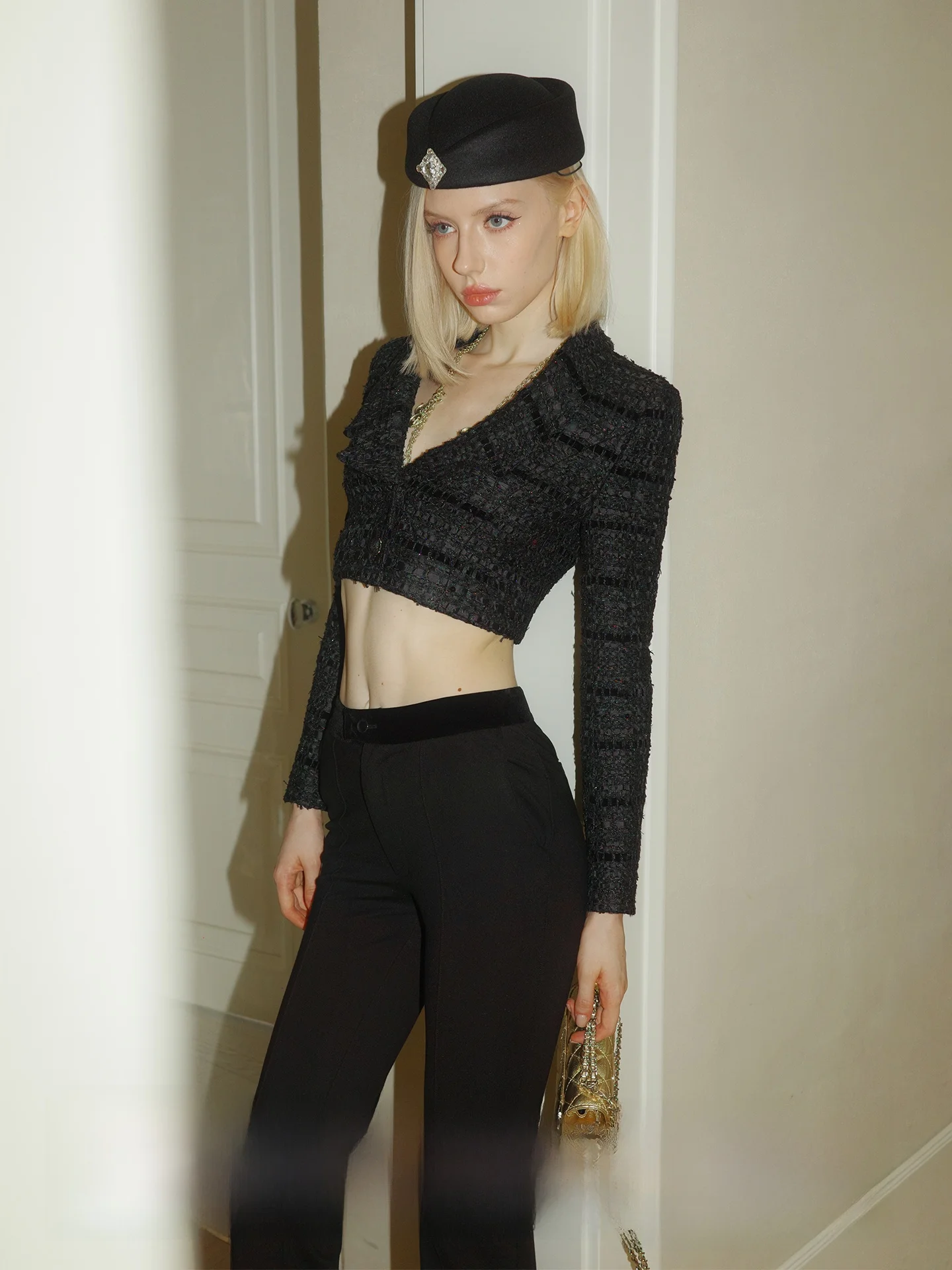 

Ele Camere Coat Fabric Knitted Tweed Outerwear ort Sle V-Ne Long Sve Women's Luxury Faion Autumn Collection