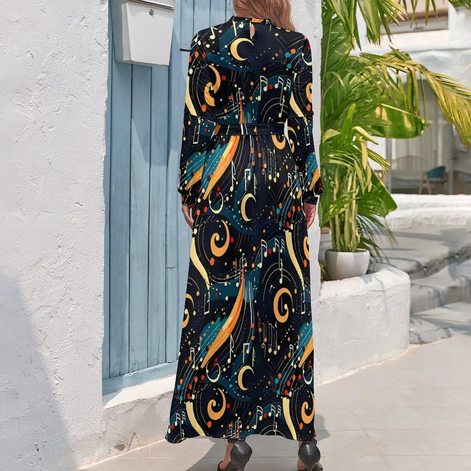 Modern Design Music Note Dress  Sexy Custom Maxi Dress High Waist Long-Sleeve Street Wear Boho Beach Long Dresses