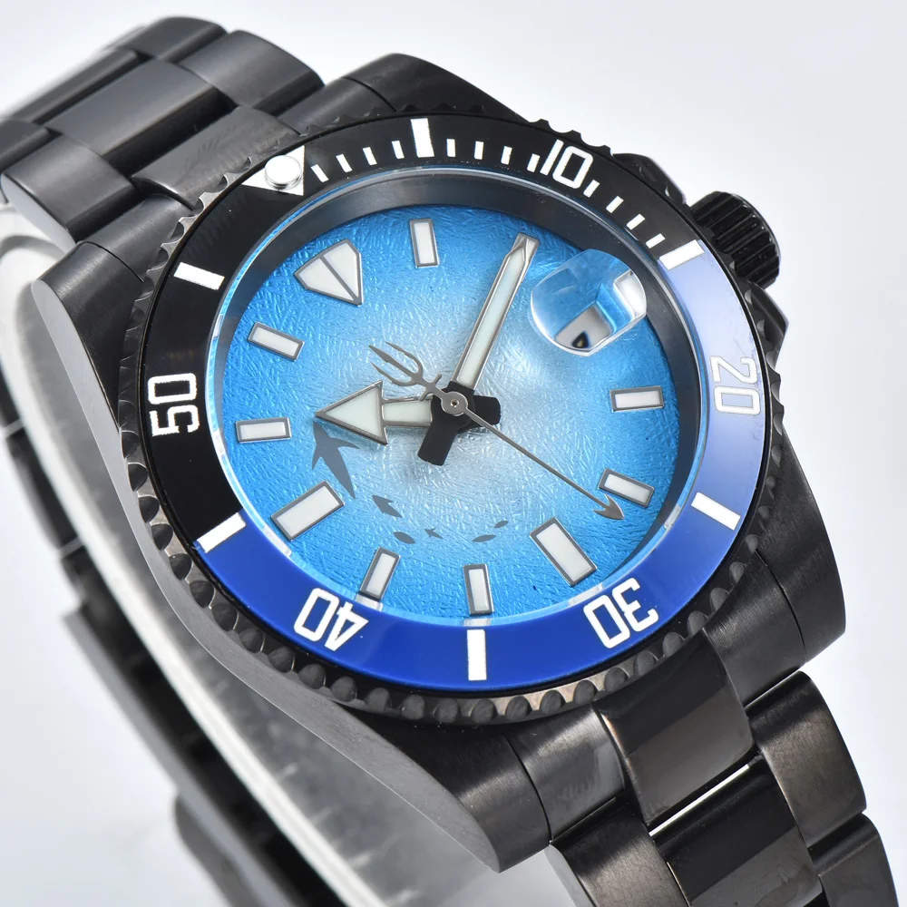 40mm Watch Men\'s Business Watch Luminous Aseptic Shark Dial Sapphire Glass Black Stainless Steel Case Bracelet Movement NH35