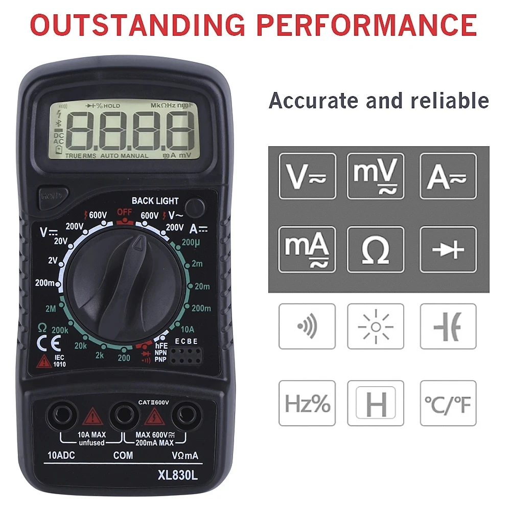 QHTITEC-XL830L Multímetro Digital, Testadores De Transistor Elétrico Automotivo, Medidor De Pico E Capacitância, Esr