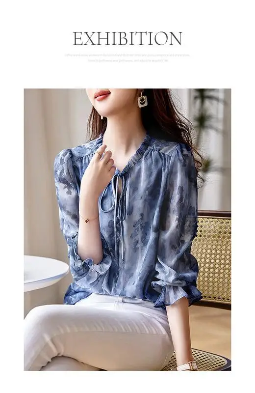 Chiffon Shirt 2023 Lente Nieuwe Elegante Vintage V-Hals Lange Mouwen Vetersluiting Losse Slanke Office Lady Basic Casual Print Top