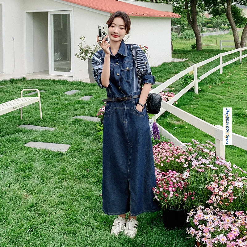 

2024 Summer New Stripe Spliced Blue Denim Dress for Women Elegant Chic Slim Straight Short Sleeve Lapel Shirt Maxi Dresses 2831