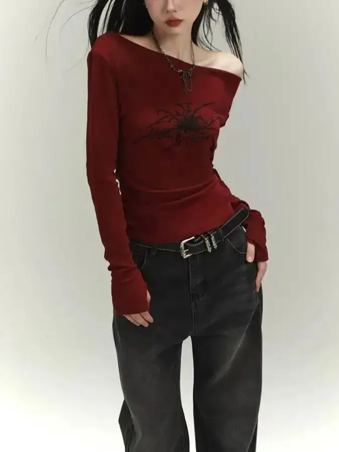 

2025 New Women's Off Shoulder T-Shirt American Casual Hot Girl Print Slim Fit Long Sleeve Tops Sexy Streetwear Tee