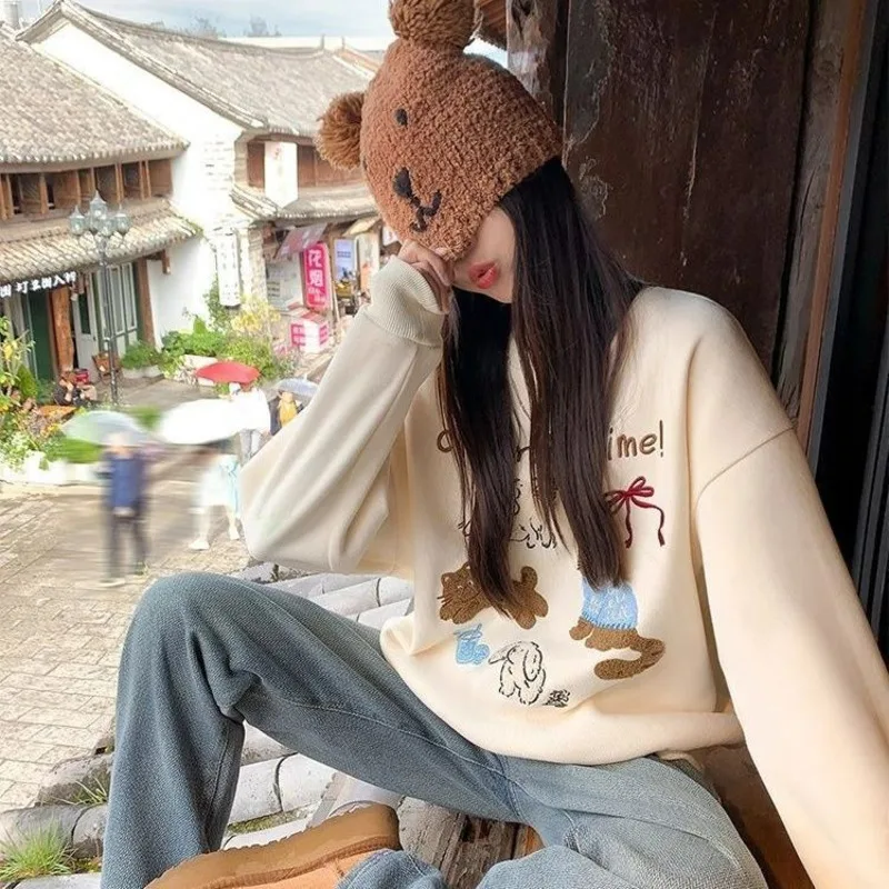 2026 Early Spring Sweet Youthful Long Sleeve Flocking Hoodie Women's Cartoon Dog Embroidered O-Neck Sweatshirt Cute Pullovers