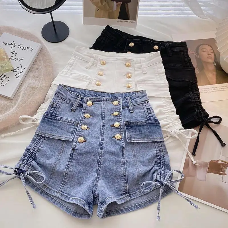 

High Waist Drawstring A-Line Wide Leg Shorts Women New Summer Double Breasted Slim Was Thin Denim Shorts s100