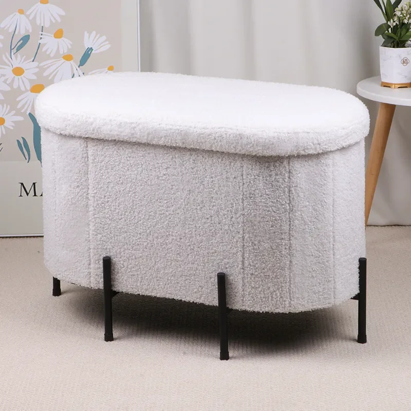 Custom Teddy Velvet Storage Ottoman with Iron Frame Adult Shoe Bench Household Seat Box Entryway Furniture Wholesale