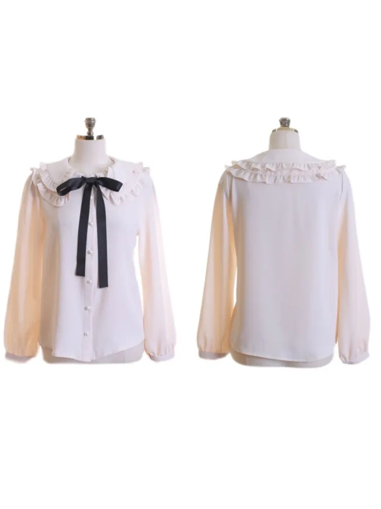 Summer  Chiffon Sweet Ruffles Shirt Women Blouse Cute Bow Tie Office Ladies Tops Blouses  Japan Korea Chic Roupa Feminina