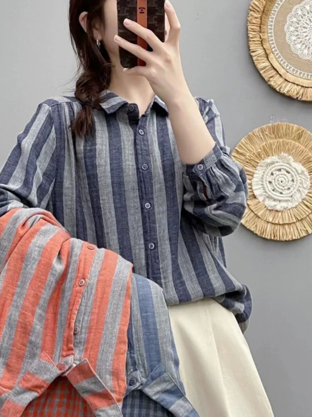 

Retro Striped Cotton Linen Casual irt Women's Loose Slimming Spring Autumn Long Sve Collar Button up Top