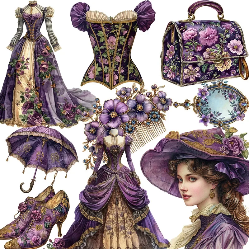 12Pcs/Pack Vintage Purple Victorian Clothing Sticker DIY Craft Scrapbooking Album Junk Journal Decorative Stickers