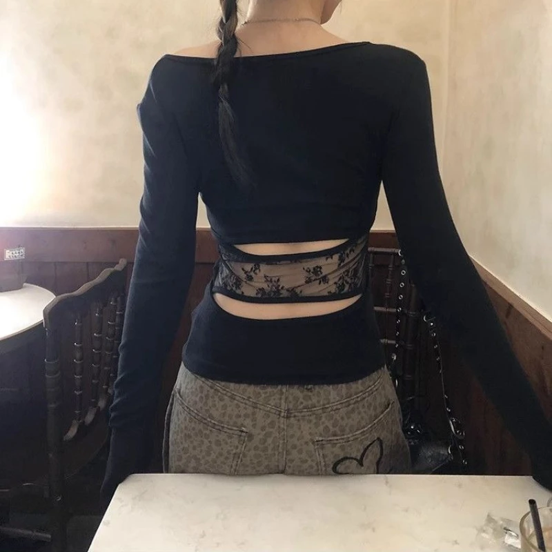 

Deeptown Black Lace Patchwork Women T-Shirts Off Shoulder Hollow Out Long Sleeve Korean Fashion Slim Tees Coquette Aesthetic