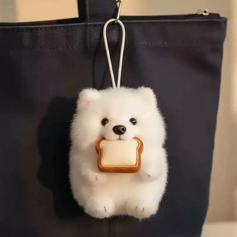 Nowy Brelok Samojed z Chlebem Pluszowa Zabawka Uroczy Mały Piesek Pluszowy Wisiorek do Torby Super Uroczy Wisiorek