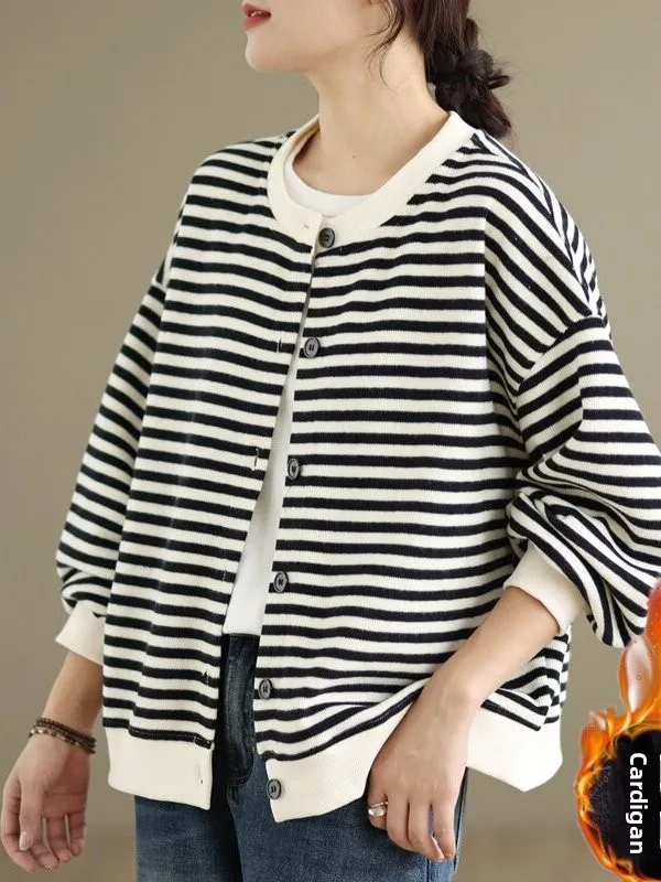 Women's Silver  Velvet Striped Jacket Loose Fit Thickened round Neck Short Sweatshirt Casual Style Long Sleeve Composite F...