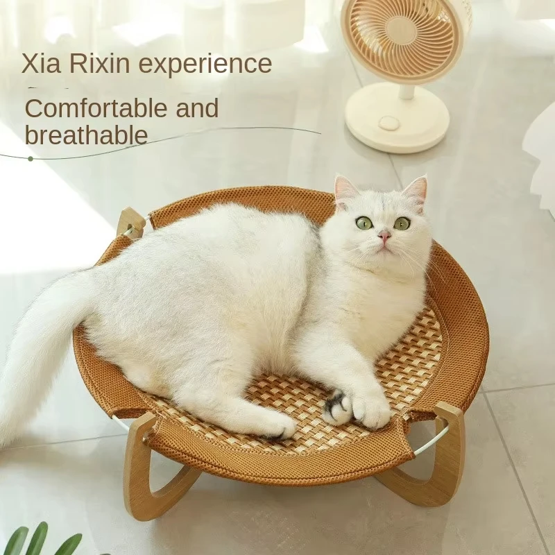 Summer Rattan Weaving Cat Bed Removable Cat Hammock Portable Pet Cradle Beds and Furniture Cool Sleeping Mat Cat Accessories