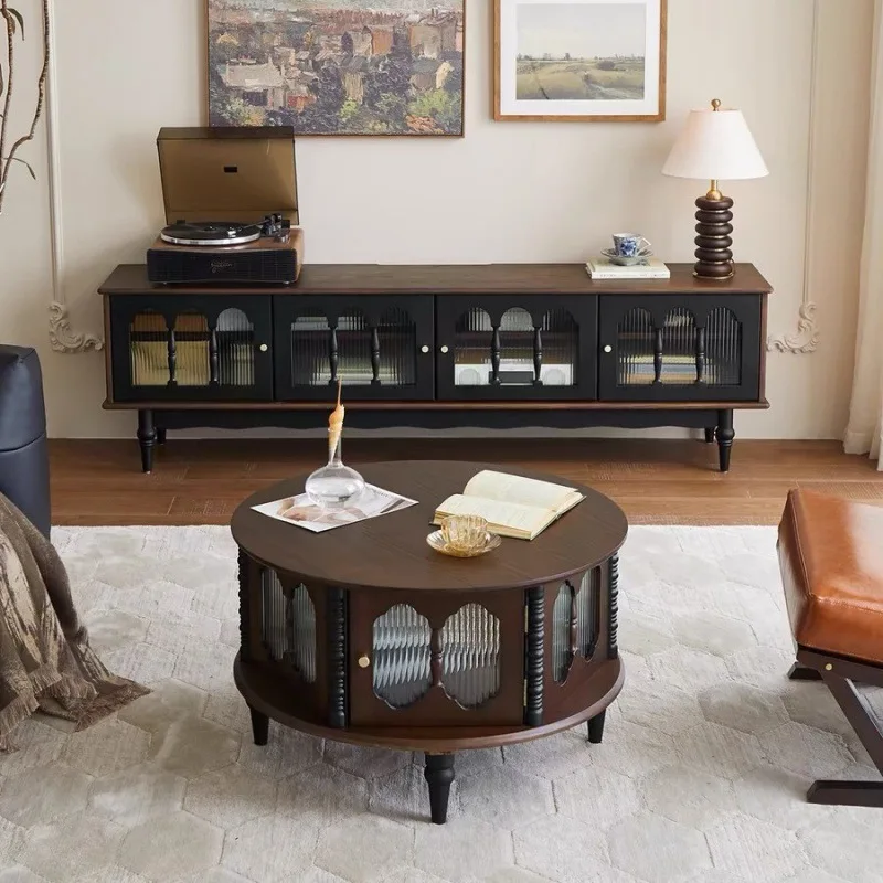 Floor-to-ceiling round coffee table high-end ash wood Changhong glass arch side cabinet