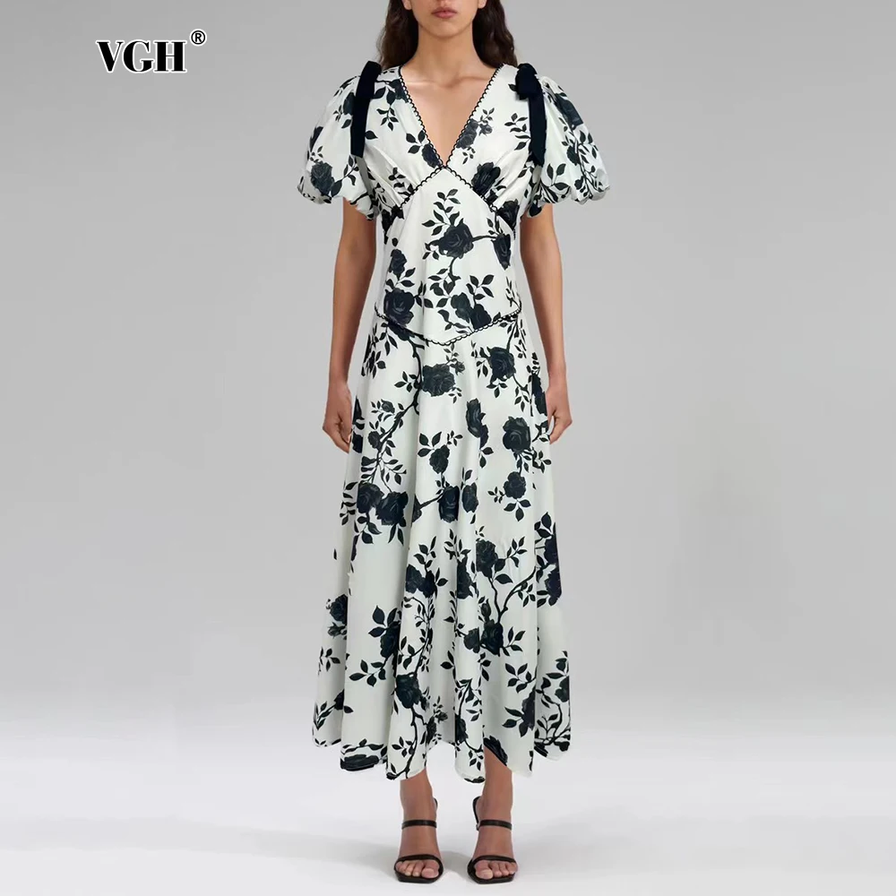 VGH Hit Farbe Retro Druck Tunika Kleider für Frauen V-ausschnitt Kurzarm Hohe Taille Patchwork Spitze Up Falten Mid Kleid Weibliche neue