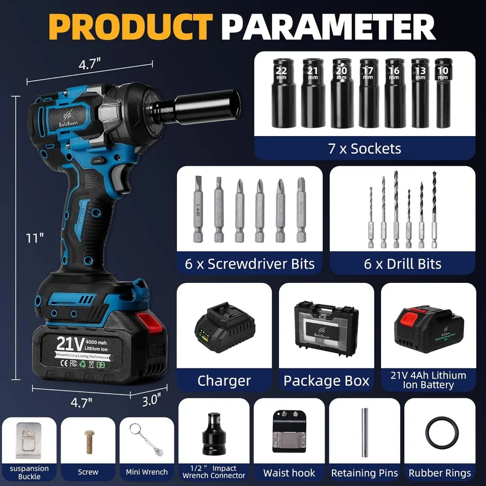 Kit de clé à chocs sans balais de 500 N.m avec douilles, forets et crochet de taille pour voitures, camions et projets de bricolage