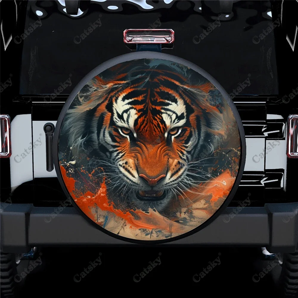 Tiger Faceroaring Art Polyester Universal Spare Wheel Tire Cover Custom Tire-Covers for Trailer RV SUV Truck Camper