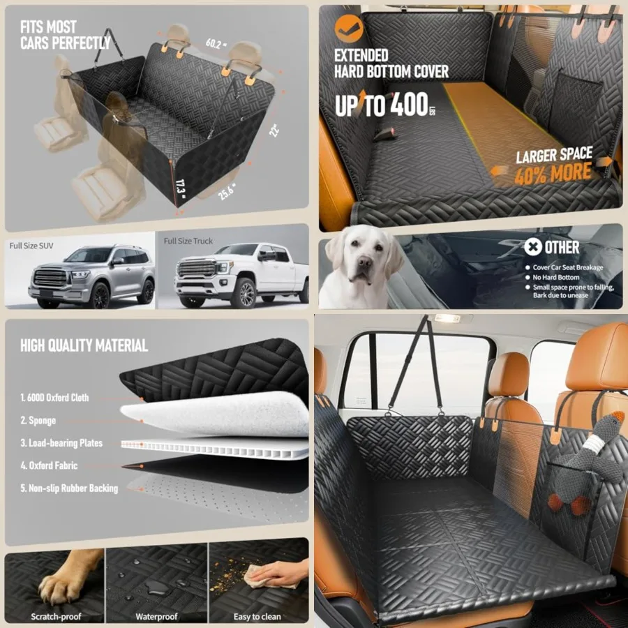 Dog Car Seat Cover for Back Seat, Hard Bottom Back Seat Extender for Dogs - Supports 400lbs, Back Seat Pet Cover, Dog Hammock f
