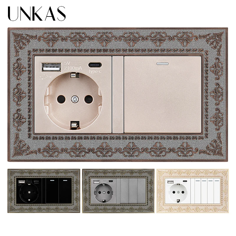 

UNKAS Type C USB Port EU Standard 16A Socket 1 2 3 4 Gang 1 / 2 Way On / Off Push Button 4D Embossing Panel Zinc Alloy Outlet