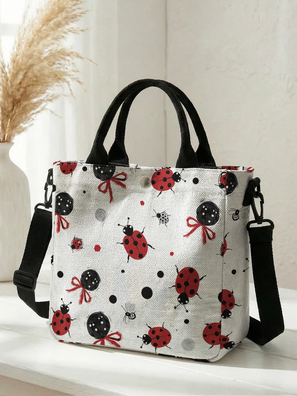 Cute Ladybug Bow Polka Dot Print Tote Bag Detachable Strap Crossbody Handbag For Women Daily Shopping
