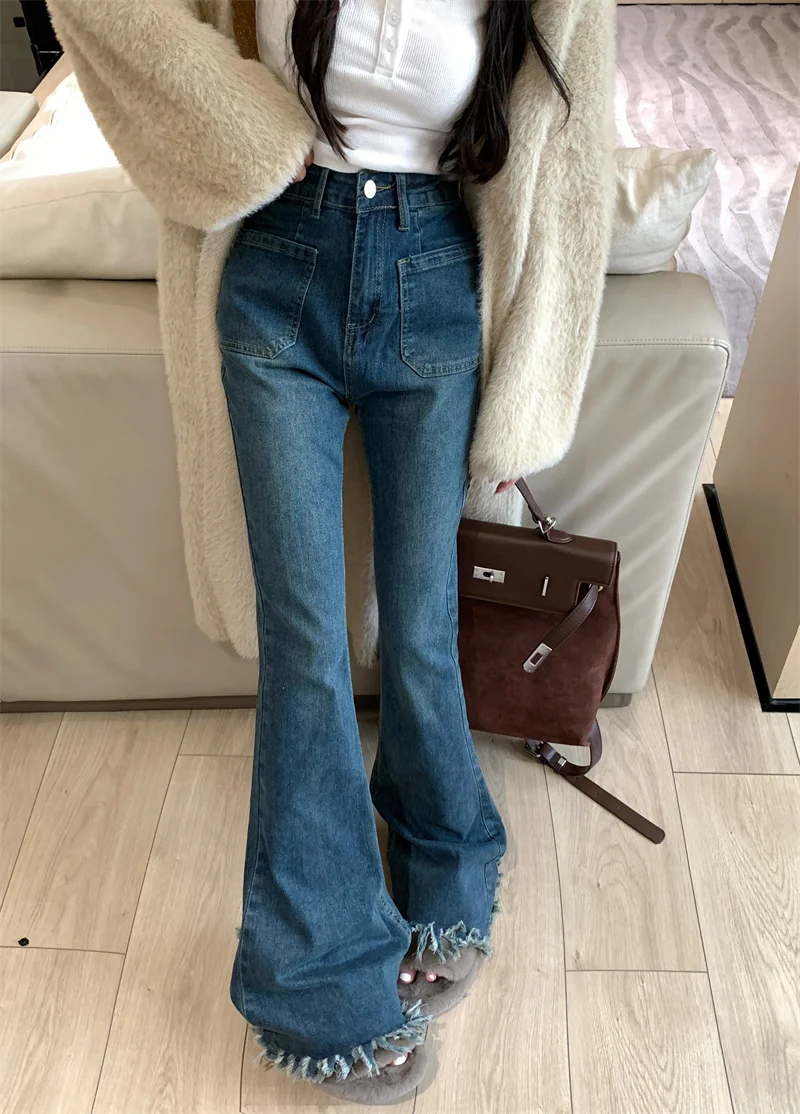 Blue Tassel Jeans Women's Autumn High Waist Denim Pants Straight Barrel Micro Flare Wide Leg Pants Slim Floor Dragging Pants