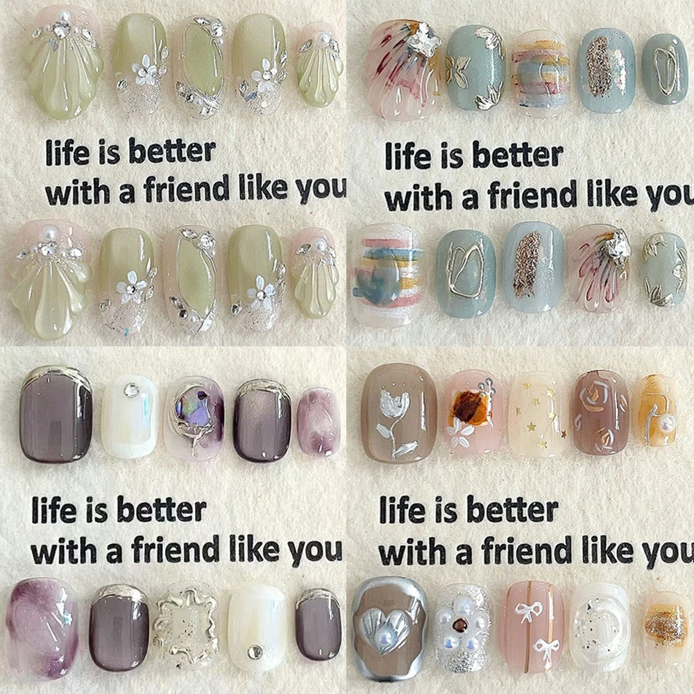 

Sweet Cute Short Square Round Handmade Press On Nails Pearl Bowknot Hand-Painted Flowers Cat Eyes Diamond Reusable Fake Nail