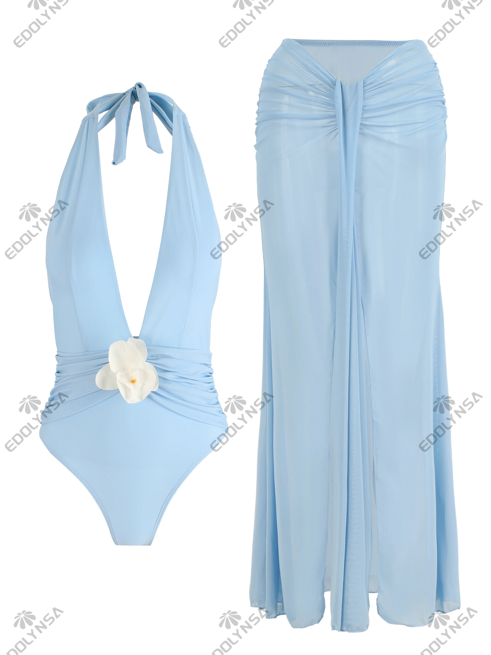 One Piece ชุดว่ายน้ํา SHEER กระโปรง Coverup Beachwear วันหยุดชุดหญิงชุดว่ายน้ํา Solid วันหยุดสวมใส่ชุดว่ายน้ําดอกไม้ K225