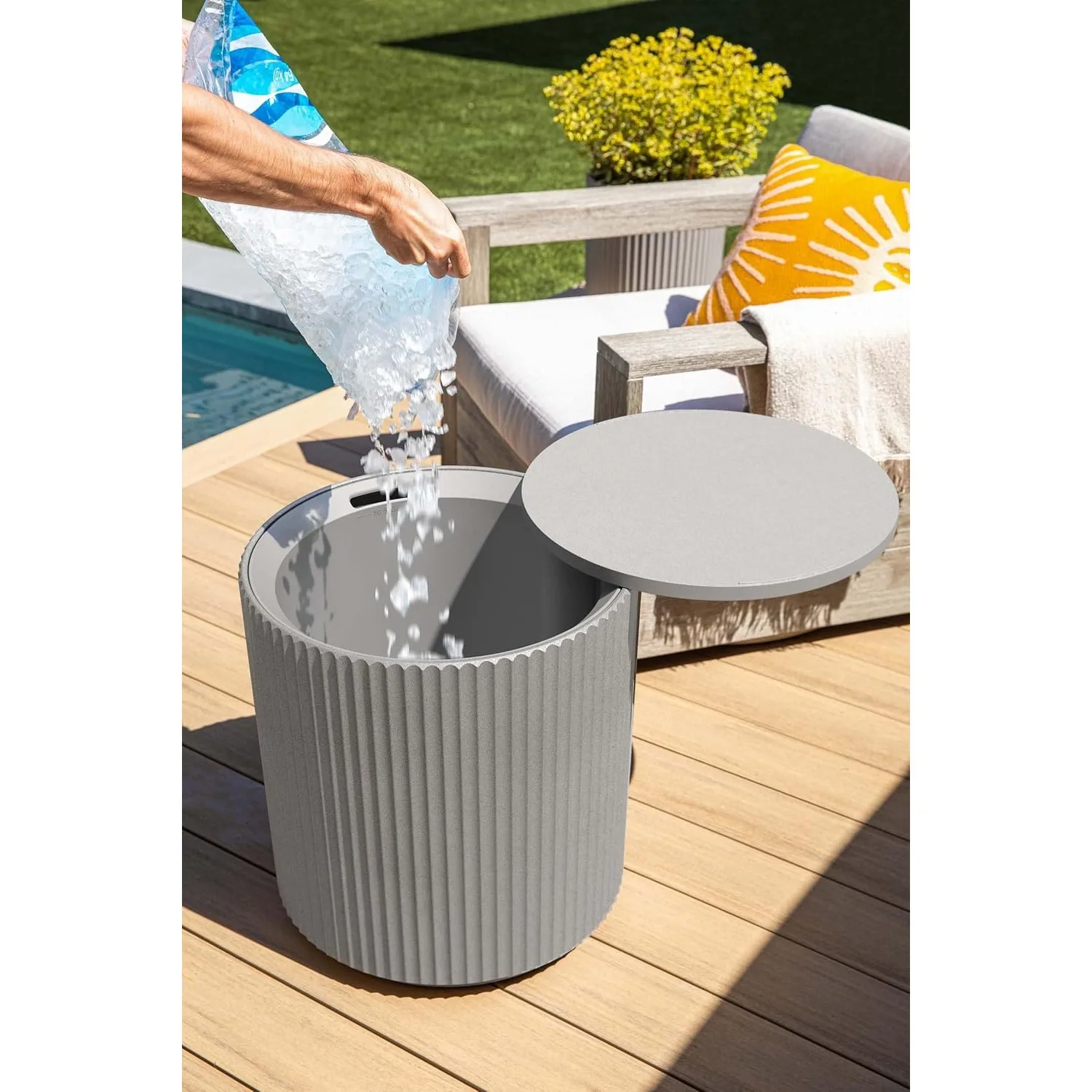 21in Outdoor Cooler Side Table, Modern, Stone-Plastic Composite, Gray, Weather Resistant, Made in Canada