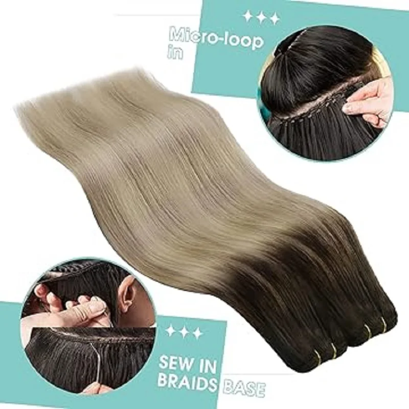 YoungSee Saw in Hair Weft Extensions Real Human Hair Balayage Natural Straight Hair Bundles for Women 14-24inchs 100G/Set