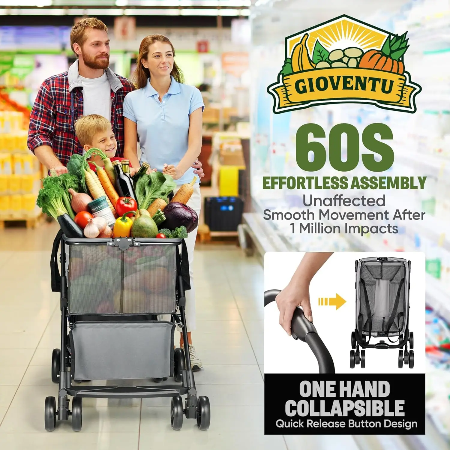 Folding Shopping Cart with Wheels, 80lbs Multi Use Grocery Carts with 360° Wheels & Removable Tote Bag,